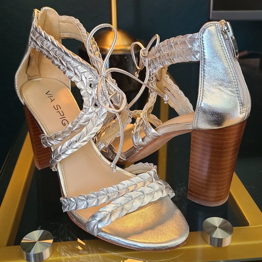 Silver Via Spiga laced front cocktail heel